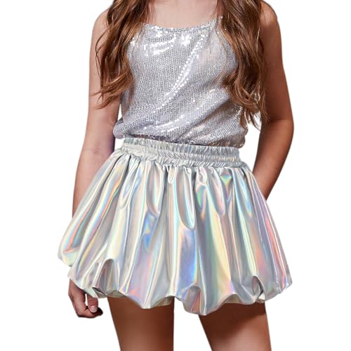 Image of Perfashion Girls Bubble Skirt Metallic Puff Balloon Cute Mini Skorts Dance Outfits with Shorts 4-13Y