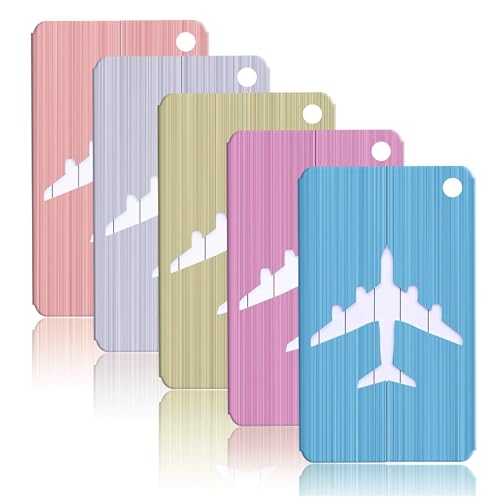 Luggage Tags 5 Packs, Aluminum Alloy Suitcase Tags Travel Baggage Handbag Lable with Name ID Card and Stainless Steel Loop (01 Airplane - Multicolor)