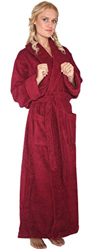 Arus Women's Long Style Full Length Robe Thick Shawl Collar Turkish Bathrobe Burgundy Large