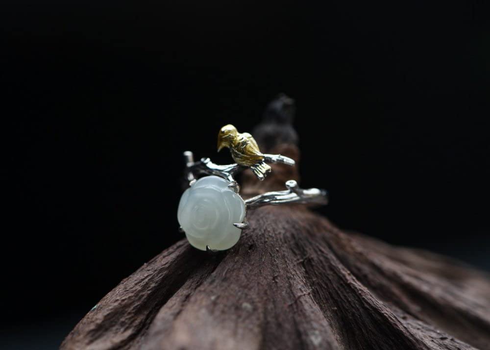 Anello in Argento 925 da Donna,Anelli Regolabili Placcato Oro Uccello Hetian Giada Rosa Fiore S925 Ramoscelli in Argento Sterling Anello Dito Indice di Fascino Gioielli Regali per Uomini Ragazze sig