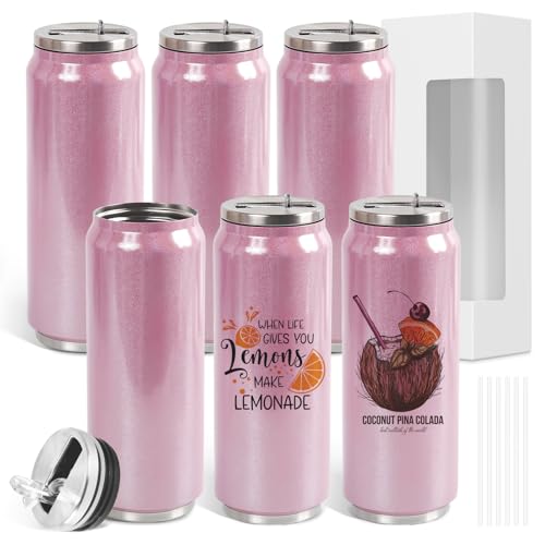 ColorSub 17 oz Sublimation Glitter Tumblers Cans Stainless Steel Sublimation Blanks Tumblers Double Wall Insulated Cups Set with Lid Straw Gift Box 6 Pack Pink
