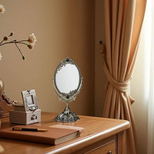 Feyarl Vintage Metal Makeup Mirror, Oval Double-Sided Swivel Tabletop Vanity Mirror