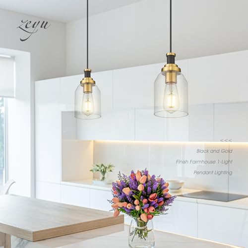 Image of zeyu 2-Pack Black Gold Hanging Kitchen Lights, Clear Glass, ZG33M1L-2 BK+BG