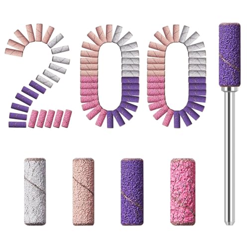 Modelones Sanding Bands for Nail Drill 200 Pcs Mini Small Nail Sanding Bands Mix 80 120 180 240 Fine Grit File Sanding Bands with 3.1mm Mandrel Bit for Acrylic Nails Gel Manicures White Purple Pink