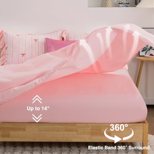 Image of A Nice Night Rainbow Stripes & Bows Bedding,6pc Ruffle Girls Twin Comforter | Princess Ruffled Seersucker Chic Design,Bed in a Bag With Sheet Sets,Light Pink Room Decor,Ultra Soft,Machine Washable