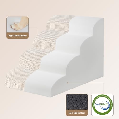 EHEYCIGA Hundetreppe für Kleine Hunde 50 cm Hoch, Haustiertreppe für Sofa Bett, Treppe für Hunde aus Hochdichtem Schwamm, Hunderampe mit Waschbarem Bezug und Rutschfestem Boden, 4 Stufen, Beige