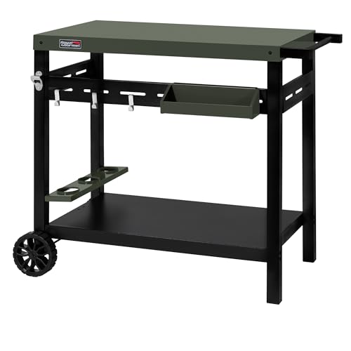 Image of PC3406G Indoor /Outdoor Double-Tier Dining Cart, Sturdy Structure and Open Storage Shelf, Front Basket, Easily Mobility with 2 Wheels and Multifunctional Side Handle, Olive-Green