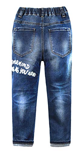 Kidscool Space Kids Calça jeans com cintura elástica com letras pintadas a óleo e furos rasgados, Az