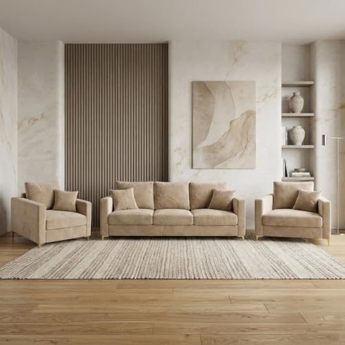Image of Hayes Rich Velvet Suede 3+1+1 Seater Sofa Set | Golden Aesthetic Legs | Soft Touch Comfort | 5 Person Seating | Modern Living Room Set (Beige)