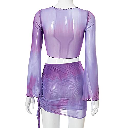 Image of Women's Sexy Long Sleeve 2 Pieces Sheer Mesh Cover Up Dress Crop Top Bodycon Ruched Y2K Mini Skirt Sets