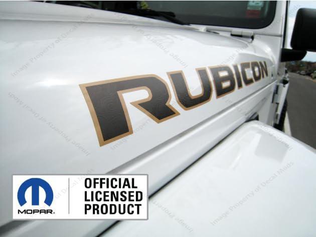 Rubicon Hood Graphic Vinyl Decal fits Jeep Rubicon JL/JT (2018-2026) Matte Black topo Lines with Tan Outline (Set of 2) CTAN | UV1A1