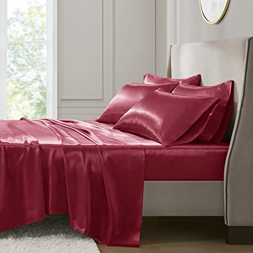 Madison Park Essentials Satin Sheet Set Luxury and Silky with Natural Sheen, Premium 16" Deep Pocket, All Around Elastic - Year-Round Bedding, Full, Red, 6 Piece - Image 2
