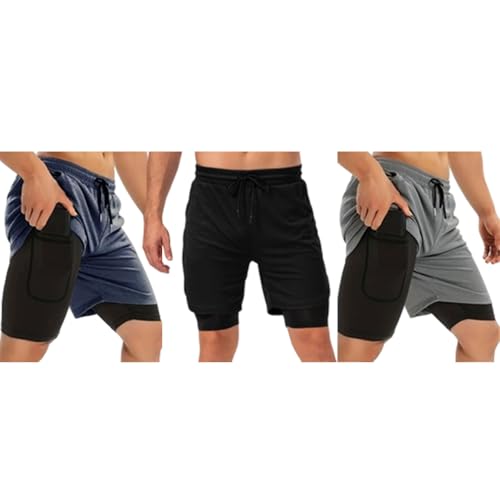 Short athlétique homme anti frottement lot de 3 shorts 2 en 1 avec poche téléphone