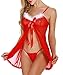Produktbild Ammiya Damen Dessous Set Weinachten Chrismas Kostüm Reizwäsche Lingerie Babydoll Spitze Nachtwäsche Kleid mit String Rot 2 M