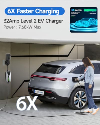 Level 2 EV Charger(32A, 240V, NEMA 14-50 Plug), Portable Electric Car Charger with 25ft EV Charger Extension Cable, Adjustable Current, Home Outdoor Level 2 Mobile Electric Vehicle Charging Station