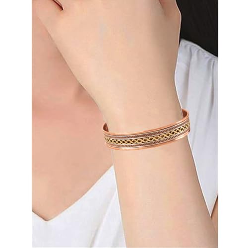 Image of Touchstone Handcrafted Copper Magnetic Hand Forged With Solid And High Gauge Wires Braids Motifs Minimalistic Elegance Pure Copper Bracelet In Triple Tones.