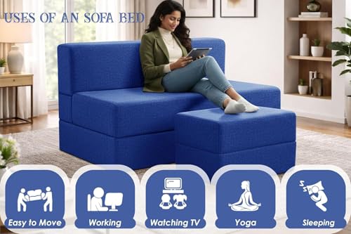 Image of Rosebell Foldable Sofa-Cum-Bed with Ottoman | 3-in-One Foldable Sofa, Lounger & Bed-4x6 Feet Two Seater- Perfect for Home & Office -Blue-Color