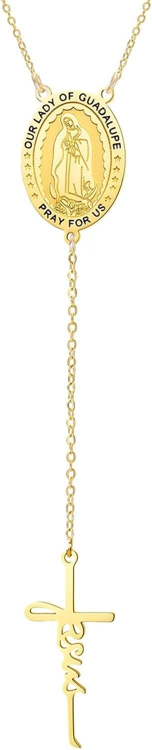 HURUMA Mary Necklace Stainless Steel Rosary Bead Jesus Cross Pendant Adjustable Y Chain Crucifix Jewelry for Women Faith Religious Gift Christian Catholic, Gold 2