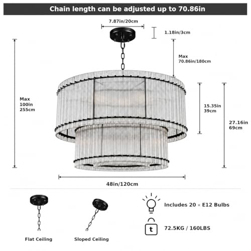 Image of 48-Inch Ripple Glass Chandelier, 3-Tier 20-Light Large Black Round Chandelier for Dining Rooms, Living Rooms, Foyers, Staircases, Open-Concept Spaces & High Ceilings