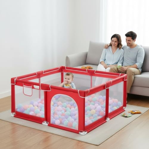 Image of ShivAnanta Foldable Baby Playpen Safety Fence for Kids Indoor Play Area with 30 Pit Ball Breathable Mesh, Anti Slip Base, Toddler Play Yard for Crawling, Playing & Learning Activity Play Center 3+ Years (Red)