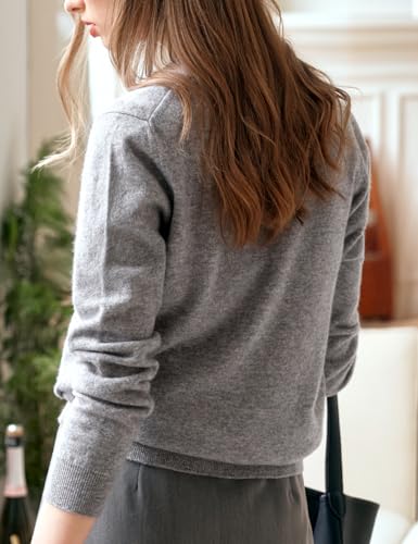 Women's Grey Cardigan, Crew Neck Button up Cropped Long-Sleeve Lightweight Sweater with Heart Pattern2