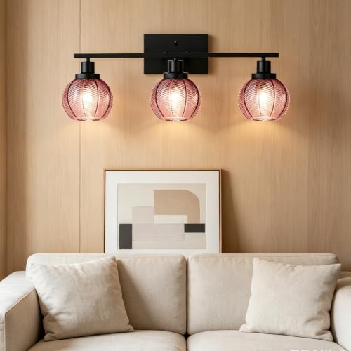 Image of 3-Light Pink Globe Bathroom Vanity Light Vintage Wall Sconce | 3-Light Vanity Light, Pink Ribbed Globe Glass Shades, E26, Soft Glow Mirror Lighting For Master Bath, Powder Room, Bathroom