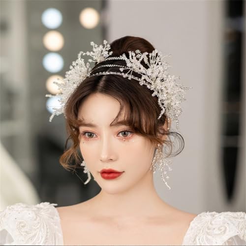 Diadema con Cuentas de Cristal Multicapa Hecha a Mano y Pendientes de Alta Joyería Nupcial 3