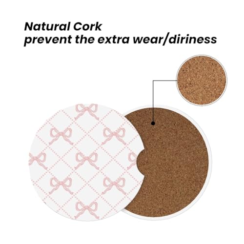 Image of Pink Bow Car Coasters for Cup Holder Absorbent Ceramic Cup Coaster 2 Pack Anti Slip Car Interior Accessories with Finger Notch Cork Base for Women Men 2.56 inch