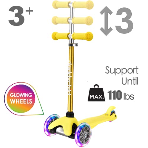 Image of 3-Wheel Kick Scooter for Kids Ages 3-8 Lean-to-Steer Toddler Scooter with Extra Wide Light Up Wheels, 4 Adjustable Heights, Foldable Scooters for Boys & Girls, Max Weight 110lbs (Yellow)