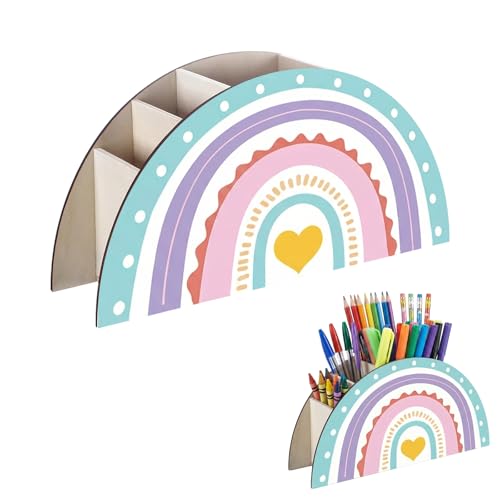 Lunyloer Regenbogen Stiftehalter Kinder Schreibtisch Organizer Holz Regenbogen Stifte Organizer Schreibtisch Organizers mit 5 Fächern für Home Office Klassenzimmer Organisation (Yellow heart)