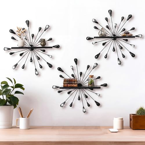Image of Yaocom 3 Pcs Bling Crystal Floating Shelves Metal Starbursts Wall Decor Folding Shelf Black Corner Shelves Hanging Wall Mounted for Storage Bedroom Bathroom Living Room Kitchen Office Home Decoration