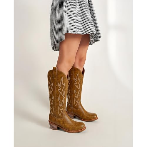 Cowboy Boots Knee High Women Western Embroidered Square Toe Wide Calf Chunky Heel Chunky Heel Retro Classic Tall Boot Pull on for Ladies Fall Winter4