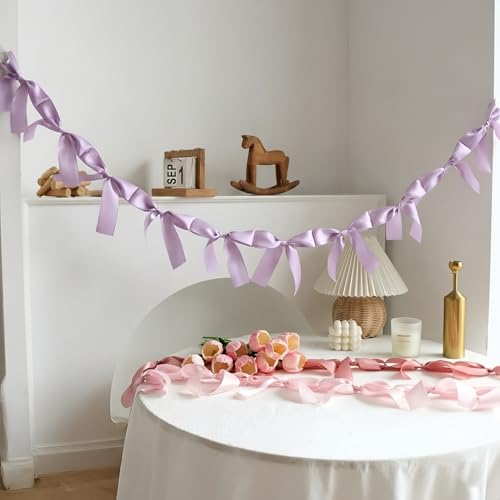 Image of Bow Knot Garland | 6ft Linking Satin Bow Banner with 3ft Extend Ribbon for Coquette Bachelorette Party, Baby Shower,Bridal Shower Wedding Baby Room Bed Decor (Violet, 6ft)