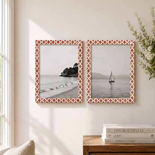 Image of Handicrafts Home Brown & White Vintage Photo Frames for Wall or Tabletop Display, 8x10 Picture Frame Set of 2,Boho Farmhouse Gallery Wall Frame Set, Artisan Handmade Moroccan Frame for Home Decor