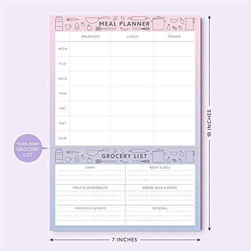 Sweetzer & Orange Meal Planner Notepads - Purple & Pink Design Notepad Organiser for Weekly/Daily Food Planning- Tear-Off Grocery Shopping List, 2 Magnets for Hanging on Fridge Door-17x25cm, 52 Sheets