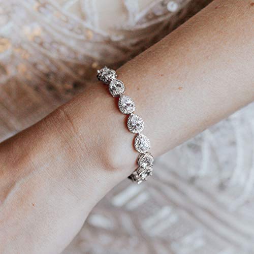 SWEETV Teardrop Wedding Bridal Bracelets for Brides, Crystal Rhinestone Cubic Zirconia Tennis Bracelets for Women Prom, Bridal Jewelry2
