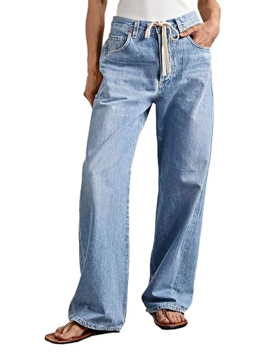 Flamingals Women’s High Rise Wash Drawstring Roll Hem Straight Leg Jeans Chic Trendy Denim Pants