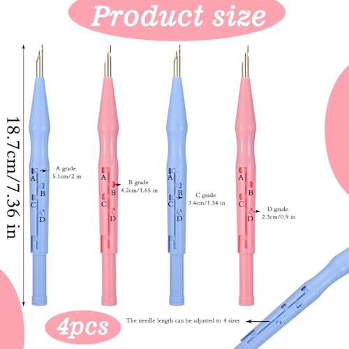 Image of Oruola 2 Pack Adjustable Punch Needle Tool, Needle Punch with Thread Guide, Felt Threading Needles for Embroidery Carpet DIY Handmade Crafts Sewing Applique Decoration,Blue, Pink
