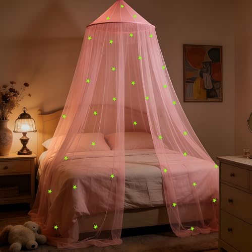 LionLively Pink Bed Canopy for Girls with Glow-in-The-Dark Stars Princess Canopy Curtains Fits Single Twin Full Queen Size Bed Bedroom Accessories Ceiling Tent
