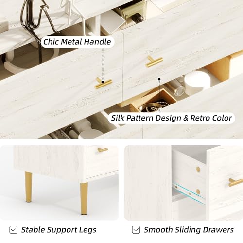 Farmhouse 6 Drawers Dresser for Bedroom, 47.2" Wide White Dresser Wood Rustic Chest of Drawers with Large Drawers & Bar Handles,Natural Texture,Drawer Organizer for Living Room,Hallway and Entryway