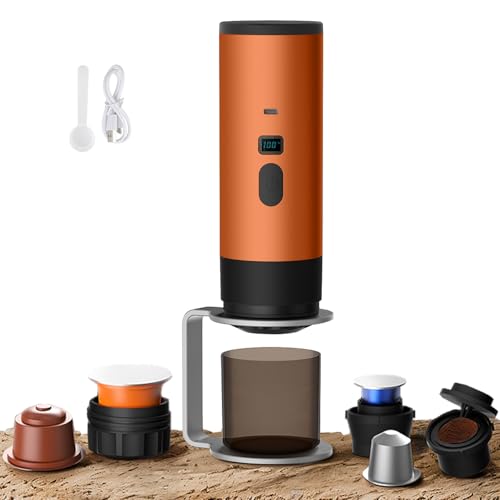 3 en 1 cafetera portátil, 12 V, cafetera multicápsulas, café expreso con cápsulas y café molido, cafetera eléctrica para casa, viajes, oficina, camping (naranja+soporte)