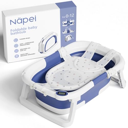 Image of napei Collapsible Baby Bathtub,Baby Bath Tub with Soft Cushion & Thermometer,Baby Bathtub Newborn to Toddler 0-36 Months,Portable Travel Baby Tub