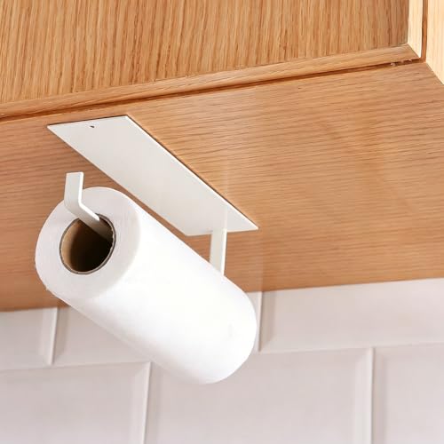 JJONE Paper Towel Holder Wall Mounted Kitchen PaPer Roll Holder Towel Rack Cabinet Napkins Storage Holder Self Adhesive Toilet Roll Holder Towel Tissue Paper Hanger for Bathroom Kitchen (A-White)