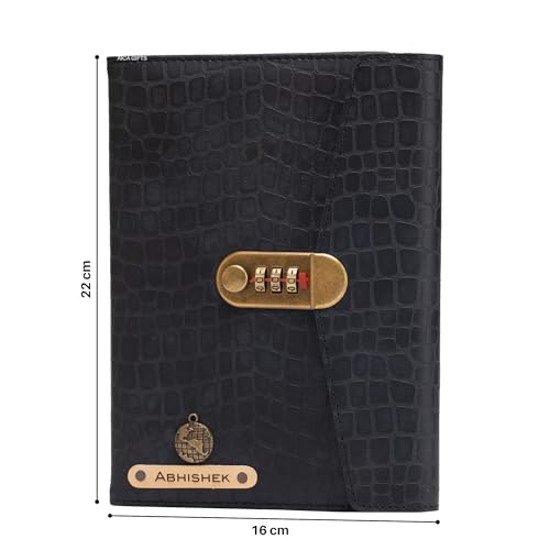 Image of AICA Personalized Name & Charm Leather Lock (Black) Diary � A5 Size 230 Pages with Combination Lock for Men & Women | Customized Planner Diaries Office Corporate Gift Items for Employee Colleagues