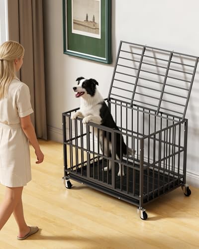 38 inch Heavy Duty Dog Crate with Dual Doors and Lockable Wheels, Large Dog Kennel Indoor, Removable Tray for Easy Cleaning, Dog Cage for Medium to Large Breeds and Anxious Dogs - Image 6