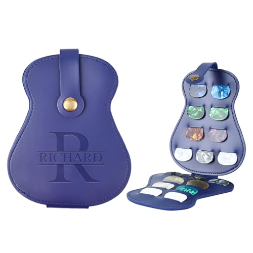 Custom Guitar Pick Holder Case, 18 Slots Guitar Pick Organizer with Personalized Name Engraving, Unique Guitar-Shaped Design for Music Lovers (Blue)