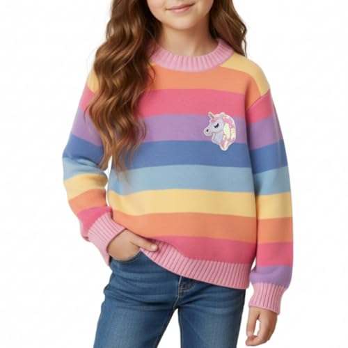 Image of WELAKEN Girls Sweater Colorful Patterned Crewneck Long Sleeve Knit Pullover