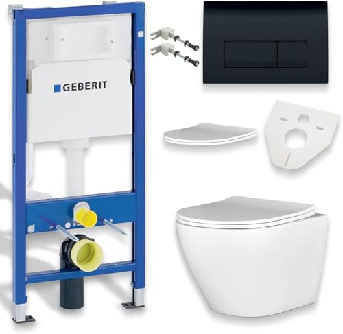 BADLAND WC Set – Geberit Duofix Basic UP100 Vorwandelement + Wand-WC Desna in Weiß + Betätigungsplatte Delta50 Schwarz + Slim WC-Sitz mit Soft-Close + Schallschutzmatte