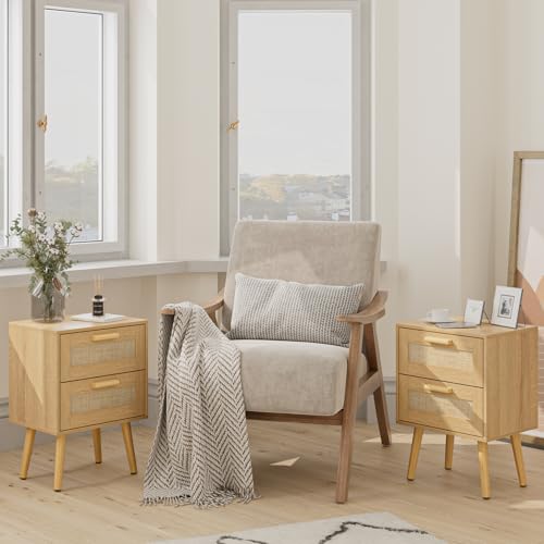 Image of Masupu Rattan Night Stand,Modern nightstand Boho Bedside Table with 2 Drawer,Small End Side Table for Bedroom,Living Room,Office,Natural