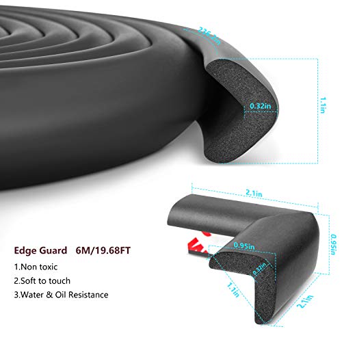 Rabofly Baby Proofing Edge & Corner Guards, 22.3 ft-(19.68ft Edge + 8 Corners) Furniture Bumper Cushion Table Edge Corner Protector Non Toxic and Safe for Fireplace, Stair, Cabinet, Countertop, Black